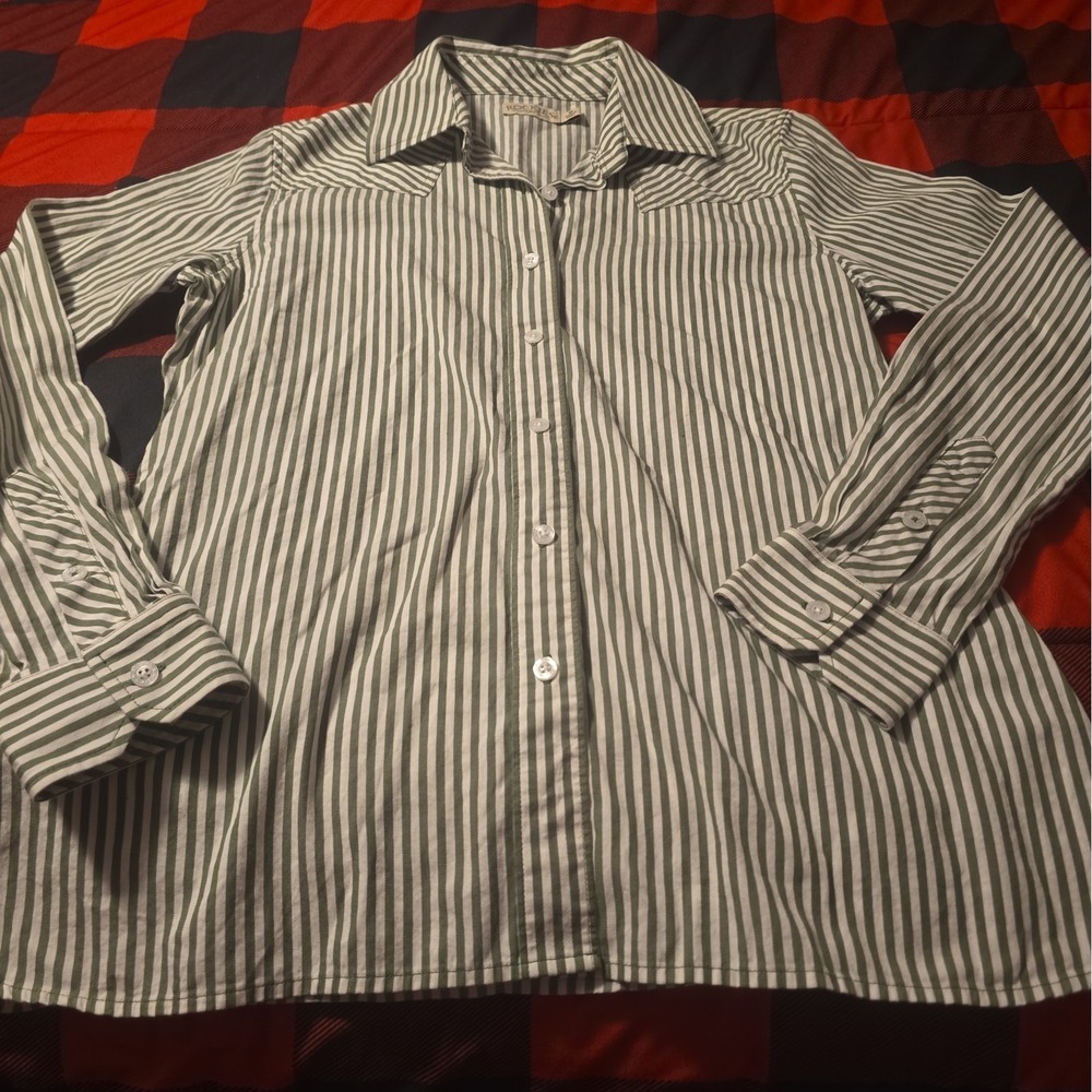 Rockies Womens Western Button Up Shirt Green White Striped Medium Long Sleeve